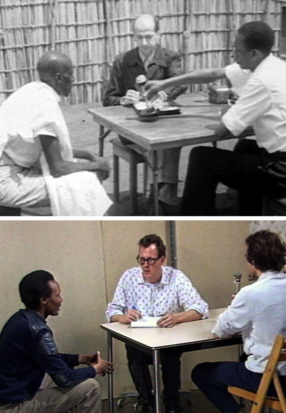 Two pictures one above the other: three men at a table in black and white, and a similar office scene in colour
